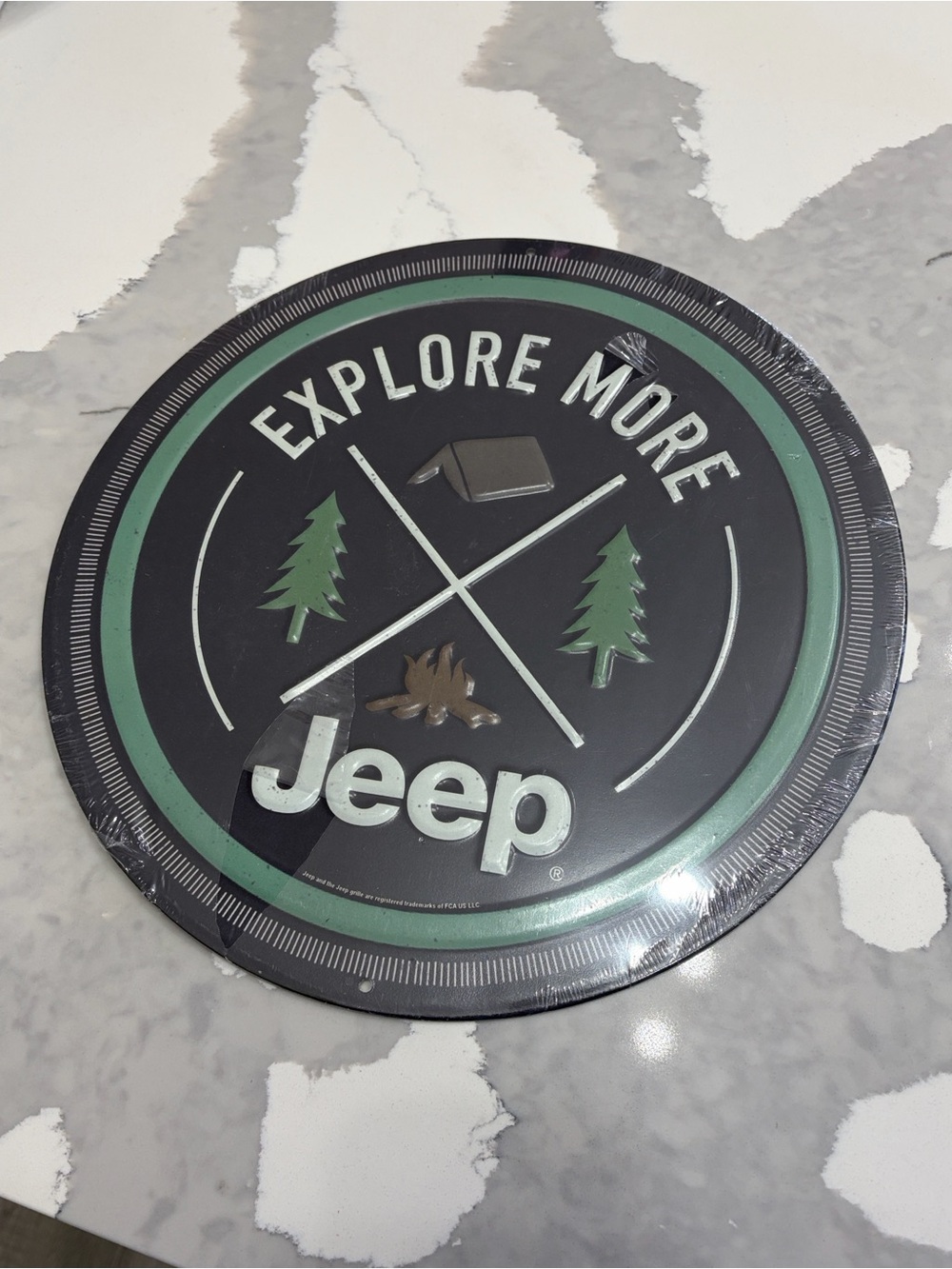 Open Road Brands Jeep 'Explore More' Round Die Cut Tin Wall Sign 12x12”